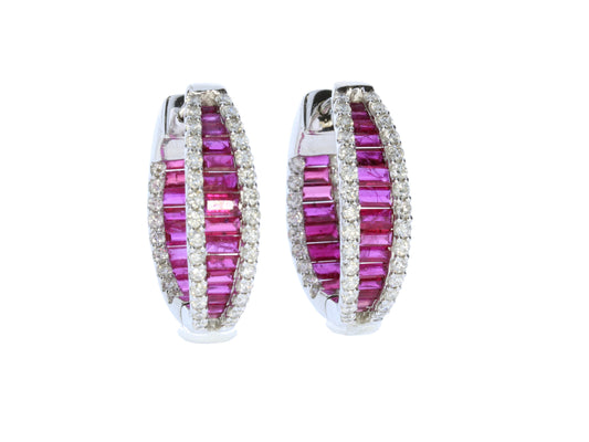 Ruby and Diamond In and Out Hoop Earrings - Colored Stone Earrings
