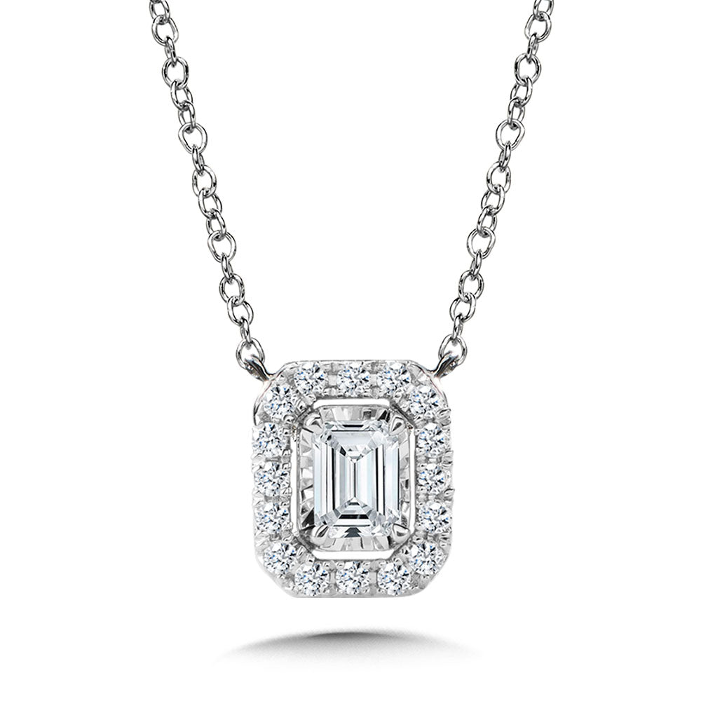 White Gold Emerald Halo Necklace - Diamond Necklaces
