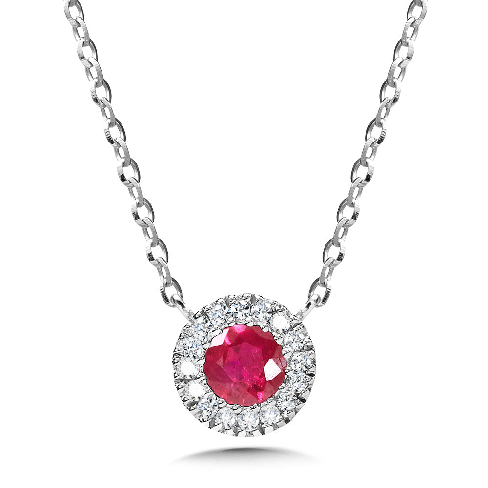 White Gold Round Halo Ruby Necklace - Colored Stone Necklace