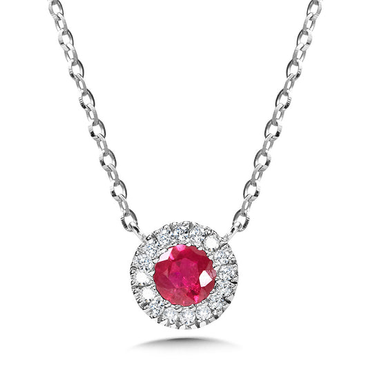 White Gold Round Halo Ruby Necklace
