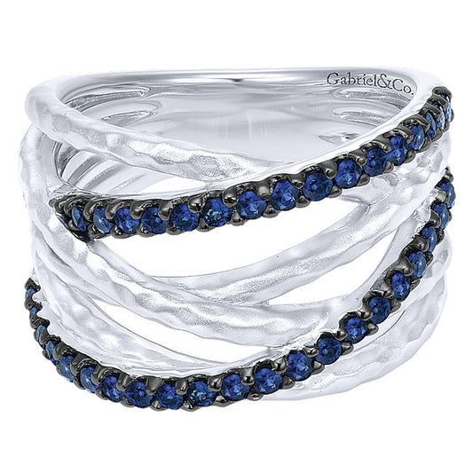 Gabriel & Co Silver Hammered Wide Band Layered Sapphire Ring - Colored Stone Rings - Women's