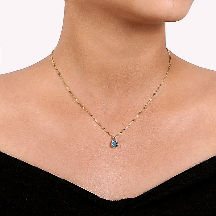 Gabriel & Co Yellow Gold Pear Shape Blue Topaz Pendant Necklace with Bezel Set Diamond - Colored Stone Pendants