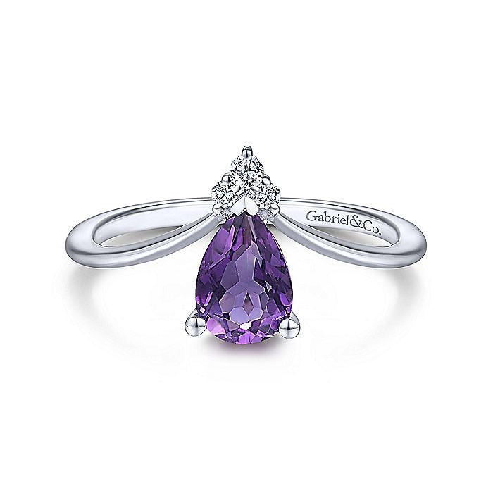 Gabriel & Co. White Gold Teardrop Amethyst and Diamond Triangle Ring