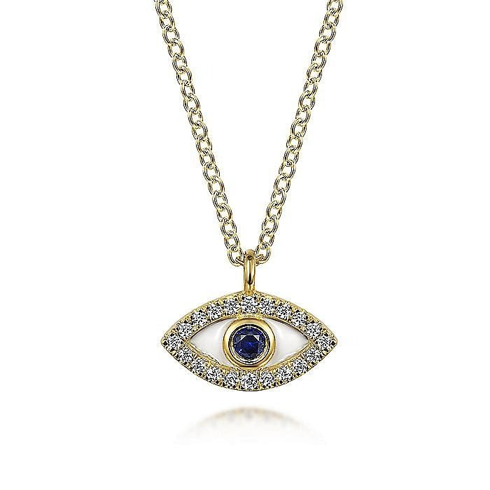 Gabriel & Co. Yellow Gold Diamond and Sapphire Evil Eye White Enamel Pendant