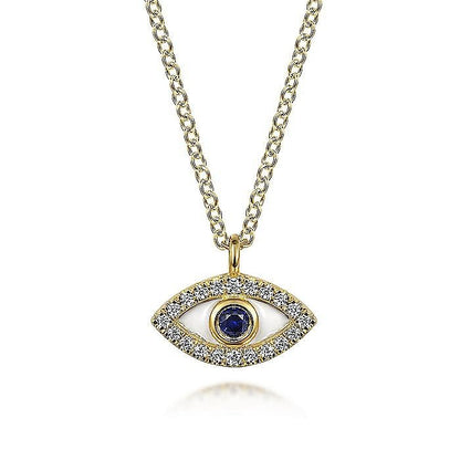 Gabriel & Co. Yellow Gold Diamond and Sapphire Evil Eye White Enamel Pendant