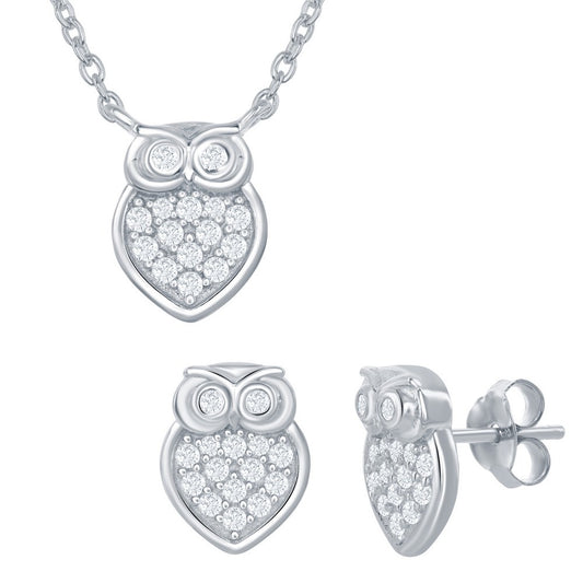 Sterling Silver Owl Necklace & Earrings Set - Silver Jewelry Misc.