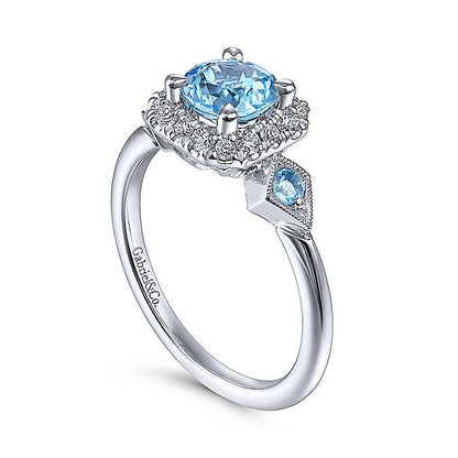 Gabriel & Co White Gold Three Stone Blue Topaz and Diamond Halo Ring