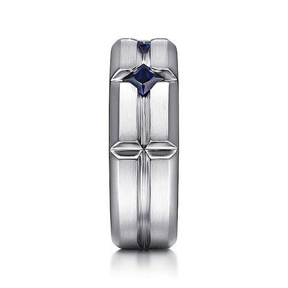 Gabriel & Co Silver Ring with Square Sapphire Stations - Gents Silver Ring