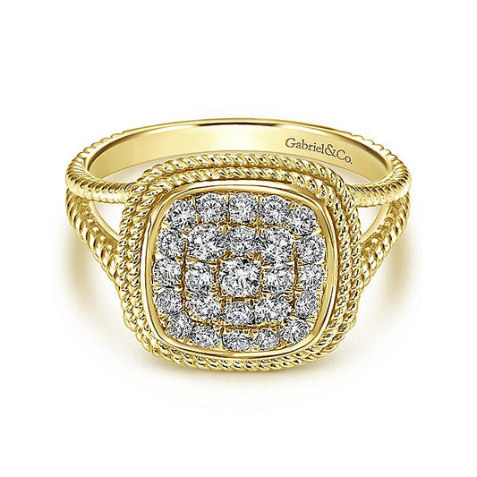Gabriel & Co Yellow Gold Twisted Cushion Shaped Pave Diamond Ring - Diamond Fashion Rings - Women's
