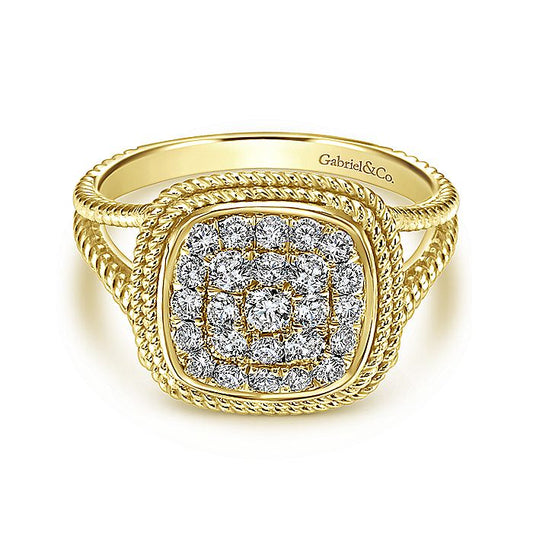 Gabriel & Co Yellow Gold Twisted Cushion Shaped Pave Diamond Ring