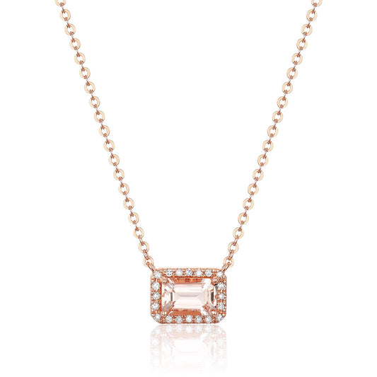 Luvente Rise Gold Morganite & Diamond Halo Station Necklace - Colored Stone Pendants