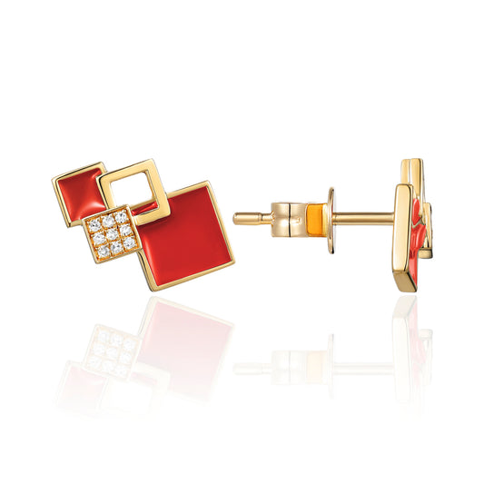 Luvente 14 Karat Yellow Gold Red Enamel and Diamond Geometric Stud Earrings - Colored Stone Earrings