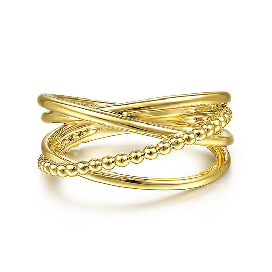 Gabriel & Co Yellow Gold Bujukan Bead Criss Cross Ring