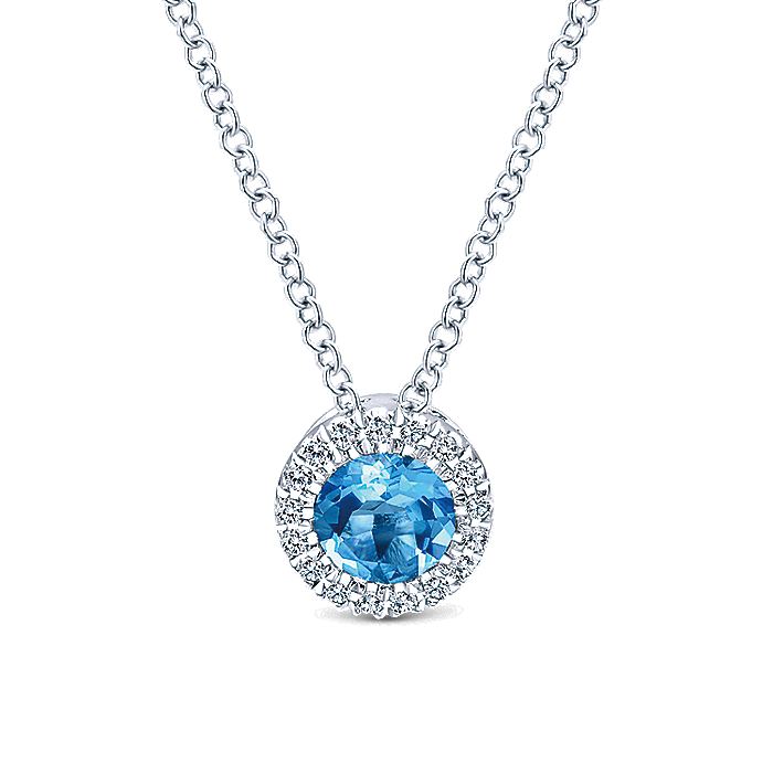 Gabriel & Co White Gold Round Blue Topaz And Diamond Halo Pendant Necklace - Colored Stone Pendants