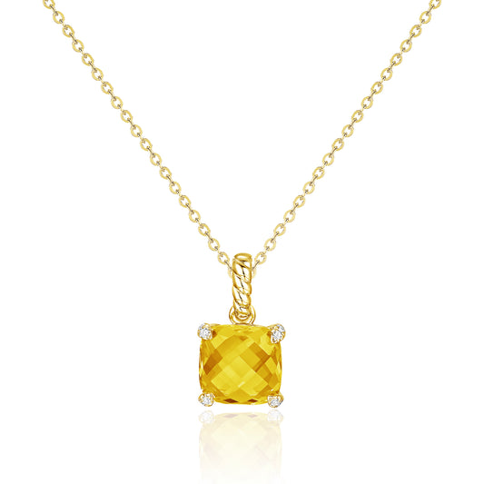 Luvente 14 Karat Yellow Gold Cushion Cut Citrine and Diamond Pendant - Colored Stone Pendants