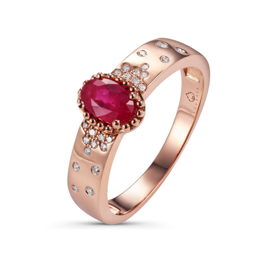 Luvente 14 Karat Rose Gold Oval Ruby and Scattered Diamond Ring - Colored Stone Rings - Women's