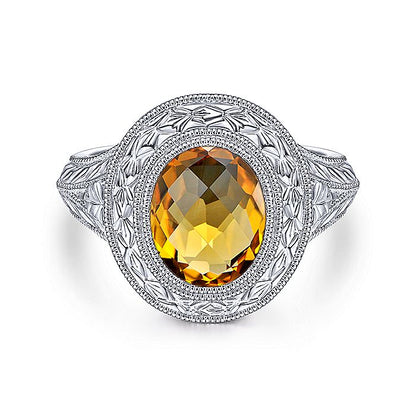 Gabriel & Co Vintage Inspired Sterling Silver Oval Citrine Ring - Ladies Silver Rings