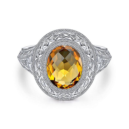 Gabriel & Co Vintage Inspired Sterling Silver Oval Citrine Ring