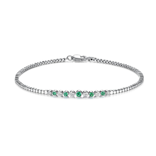 Luvente 14 Karat White Gold Alternating Bezel Set Emerald and Diamond Bracelet - Colored Stone Bracelets