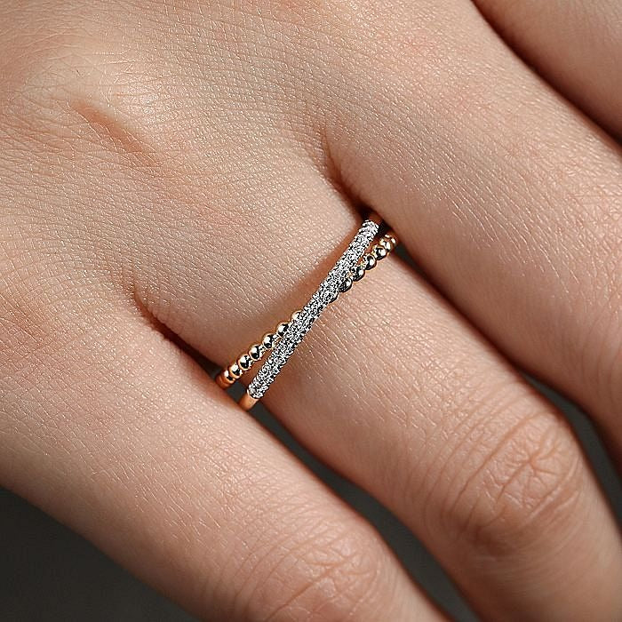 Gabriel & Co Yellow Gold Bujukan Pavé Diamond Criss Cross Stackable Ring