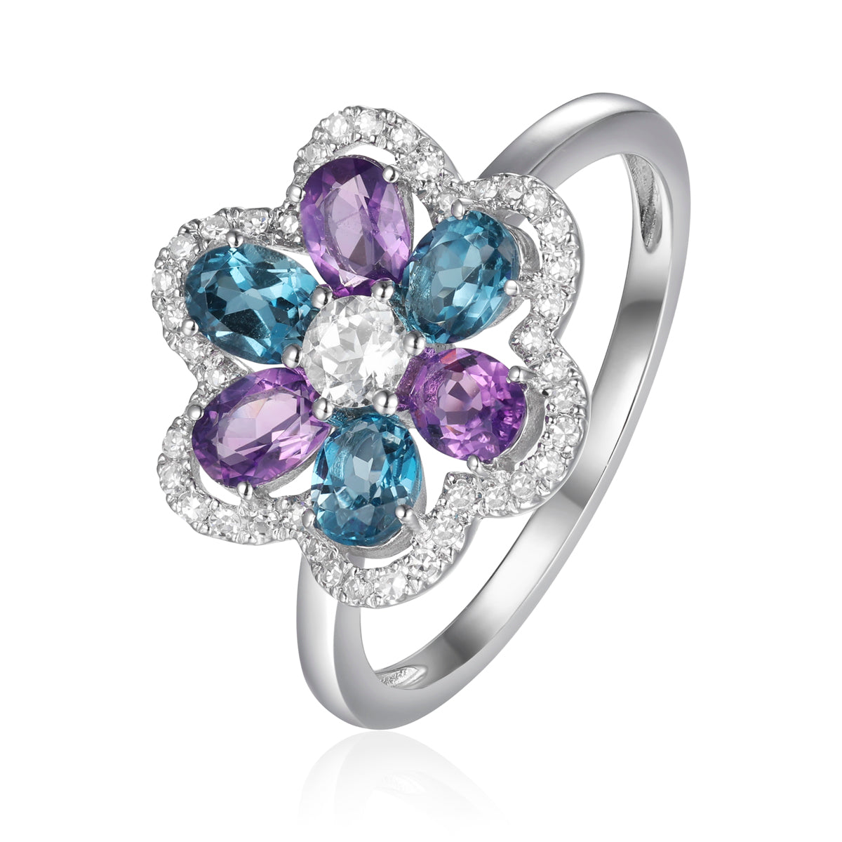 Luvente Amethyst, London Blue Topaz, and Diamond Flower Ring