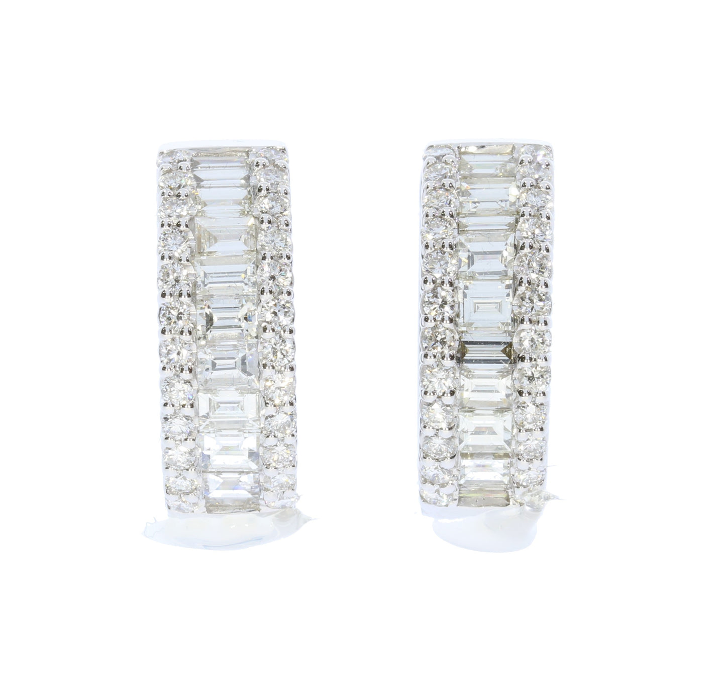 White Gold Baguette And Round Diamond Hoop Earrings - Diamond Earrings