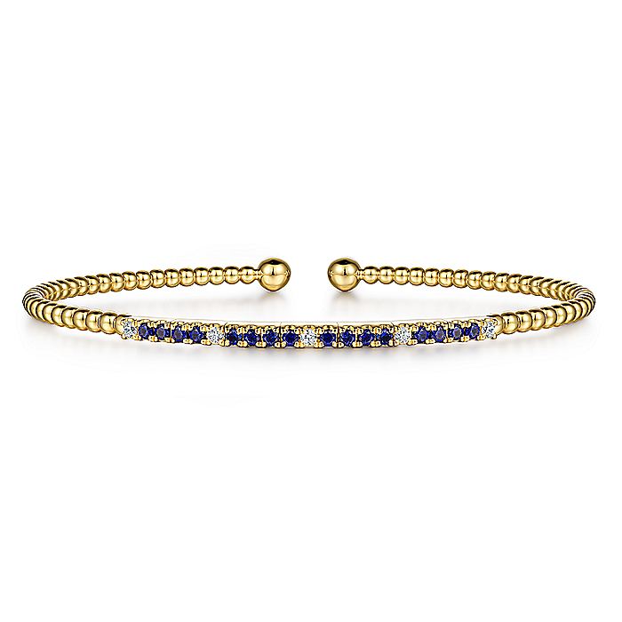 Gabriel & Co. 14 Karat Yellow Gold Bujukan Diamond and Blue Sapphire Cuff Bracelet