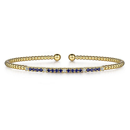 Gabriel & Co. 14 Karat Yellow Gold Bujukan Diamond and Blue Sapphire Cuff Bracelet