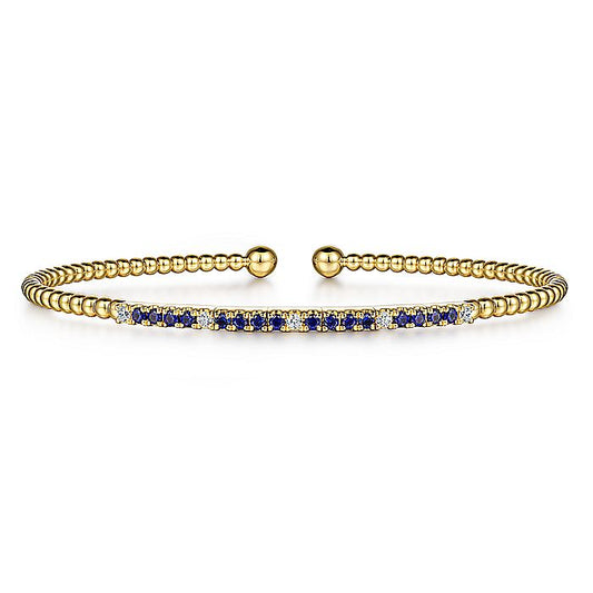 Gabriel & Co. 14 Karat Yellow Gold Bujukan Diamond and Blue Sapphire Cuff Bracelet