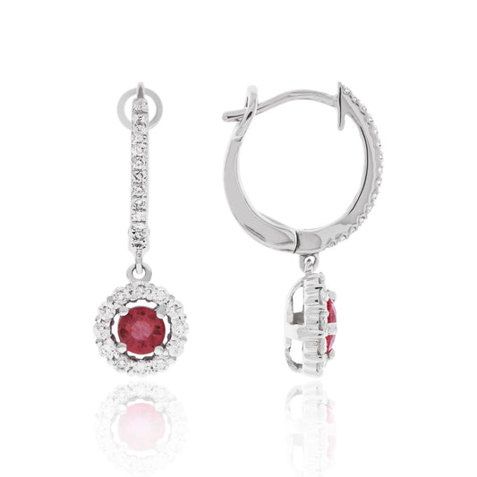 Luvente 14 Karat White Gold Dangle Ruby and Diamond Halo Earrings - Colored Stone Earrings