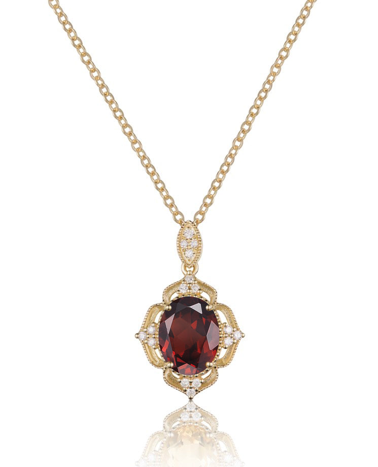 Luvente Yellow Gold Oval Garnet and Diamond Necklace
