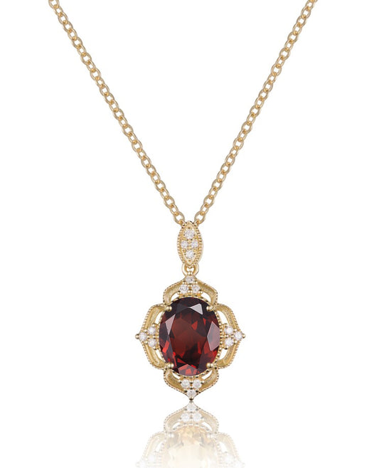 Luvente Yellow Gold Oval Garnet and Diamond Necklace - Colored Stone Pendants