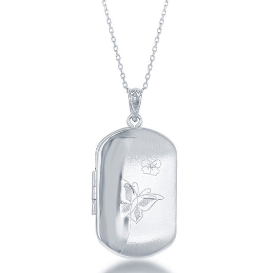 Sterling Silver Butterfly Design Rectangular Locket - Silver Necklace