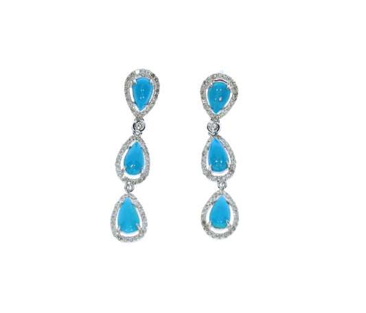 White Gold Dangle Turquoise and Diamond Earrings - Colored Stone Earrings