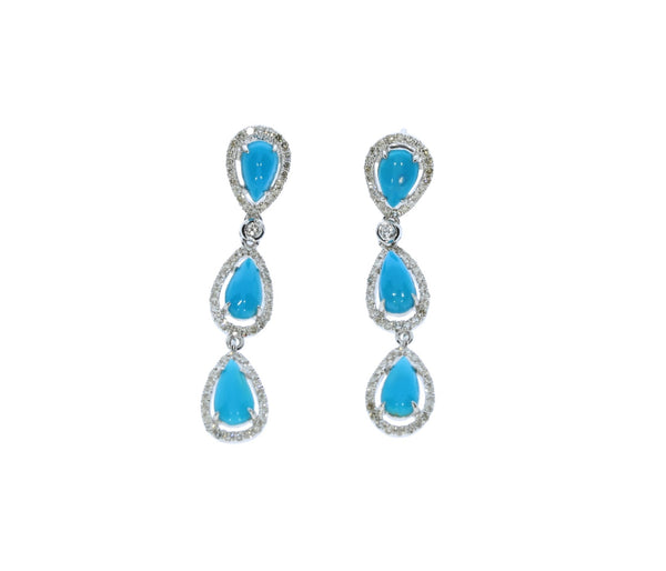 White Gold Dangle Turquoise and Diamond Earrings