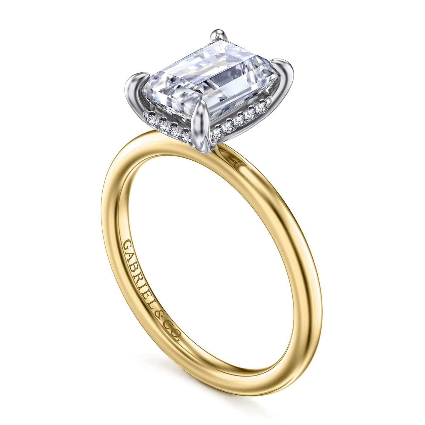 Gabriel & Co.Yellow and White Gold Emerald Cut Hidden Halo Semi-Mount Engagement Ring