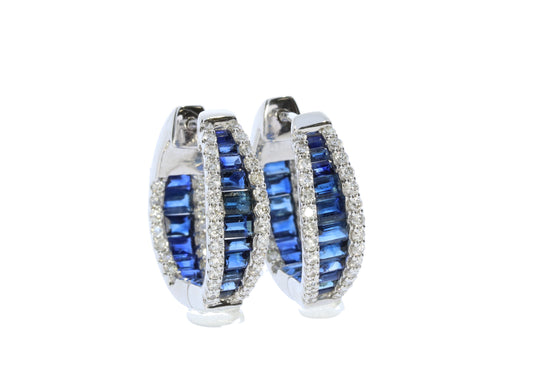 Ladies White Gold Baguette Sapphire and Diamond Earrings - Colored Stone Earrings