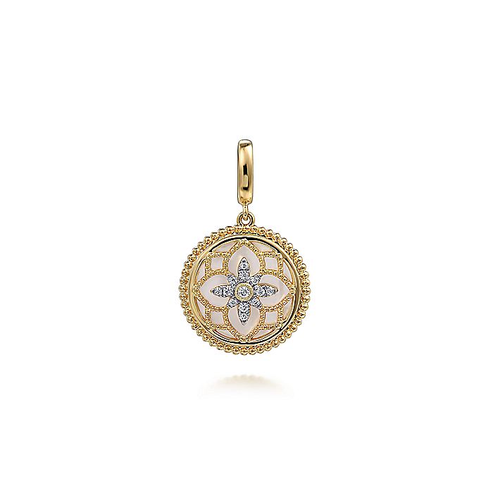 Gabriel & Co. 14 Karat Yellow Gold Bujukan Diamond and Mother of Pearl Medallion - Colored Stone Pendants