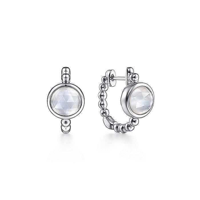 Gabriel & Co Sterling Silver 15mm Rock Crystal and White Mother of Pearl Huggies - Colored Stone Earrings