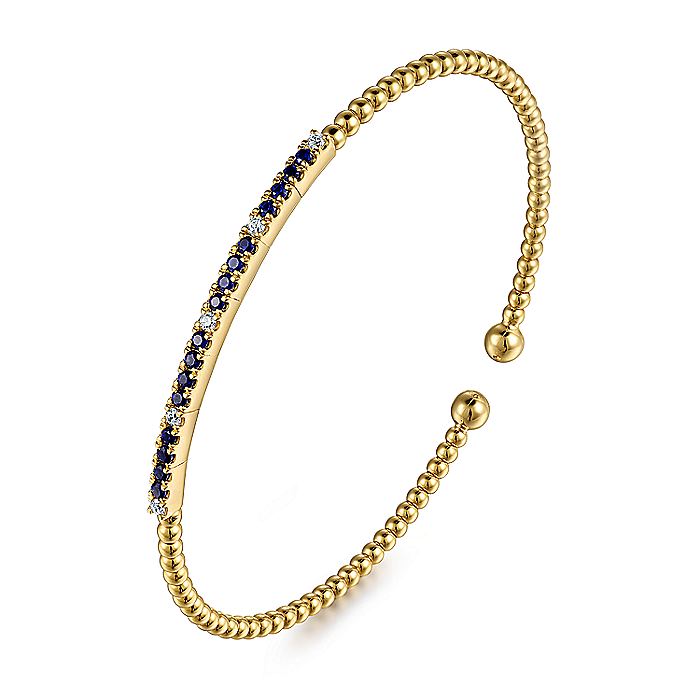 Gabriel & Co. 14 Karat Yellow Gold Bujukan Diamond and Blue Sapphire Cuff Bracelet