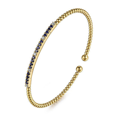 Gabriel & Co. 14 Karat Yellow Gold Bujukan Diamond and Blue Sapphire Cuff Bracelet
