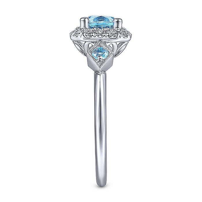 Gabriel & Co White Gold Three Stone Blue Topaz and Diamond Halo Ring