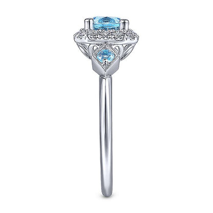 Gabriel & Co White Gold Three Stone Blue Topaz and Diamond Halo Ring