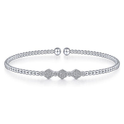 Gabriel & Co White Gold Bujukan Bead Cuff Bracelet With Cluster Diamond Hexagon Stations - Diamond Bracelets