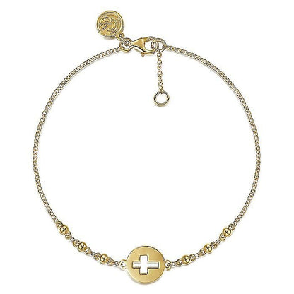 Gabriel & Co. Yellow Gold Chain Bracelet with Cutout Cross Disc Bracelet