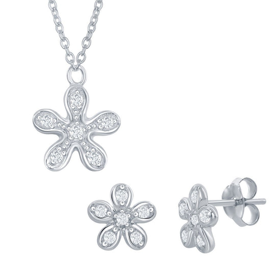 Sterling Silver Flower Necklace & Earrings Set - Silver Jewelry Misc.