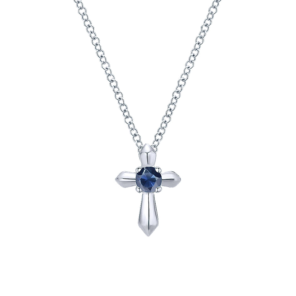 Gabriel & Co Sterling Silver Round Sapphire Cross Necklace - Silver Necklace