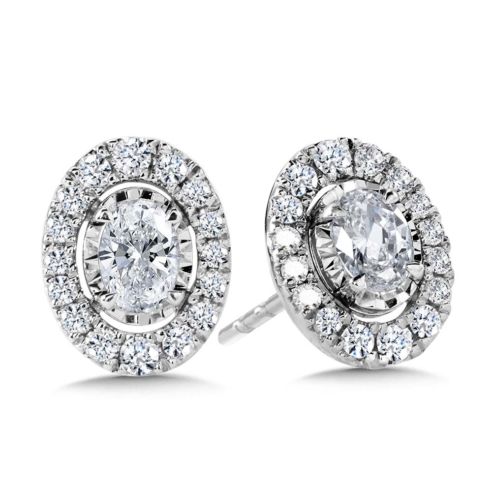 White Gold Oval Halo Earrings - Diamond Earrings