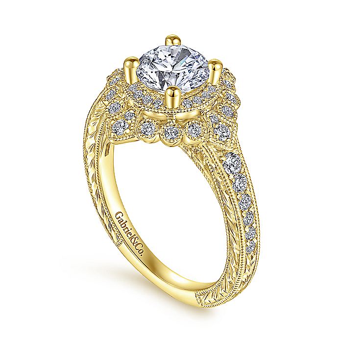 Gabriel & Co Yellow Gold Art Deco Double Halo Semi-Mount Engagement Ring - Diamond Semi-Mount Rings