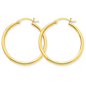 Pair Of Ladies 14 Karat Yellow Gold 2MM Lightweight Tube Hoop Earrings. 30MM Diameter - Gold Earrings
